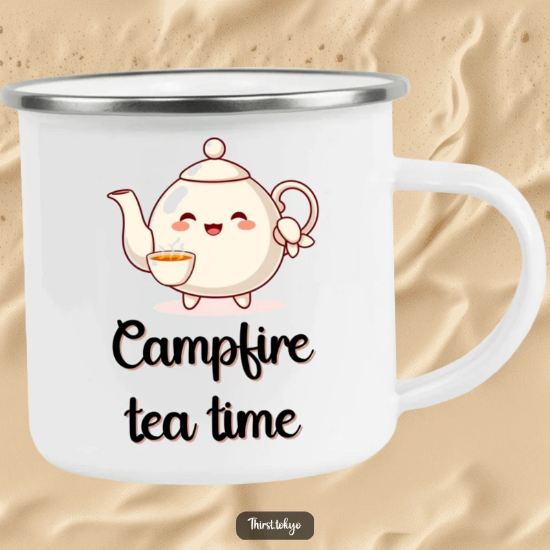 Funny Teapot Sleeve Camping Mug: Cheerful teapot character pouring imaginary tea, a durable and humorous camping cup.