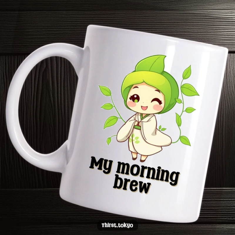 Funny Mug featuring a happy green tea leaf character wearing a flowing kimono, swaying peacefully with a smile.