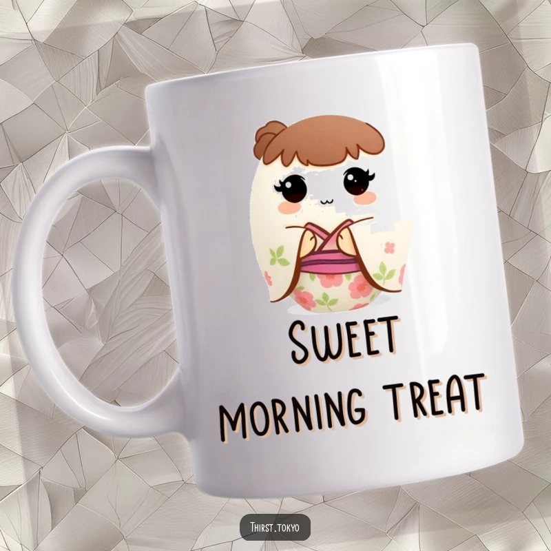 Funny Mochi Kimono Mug: A small, round mochi ball in a beautiful floral kimono, looking sweet and charming.