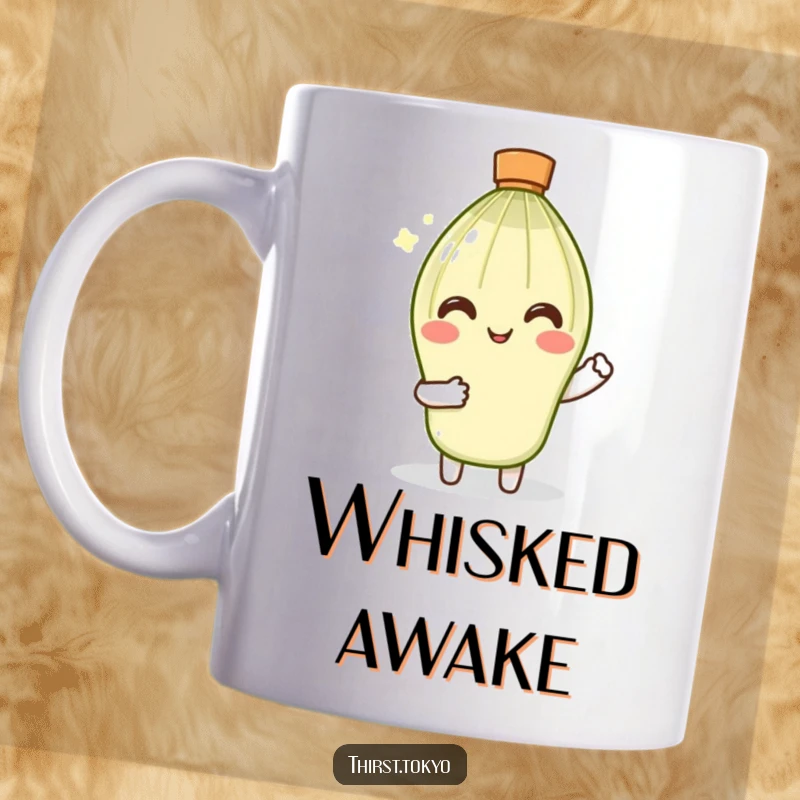 Funny Matcha Whisk Mug: Smiling whisk character in tiny sleeves gently stirring, bringing calm and humor.
