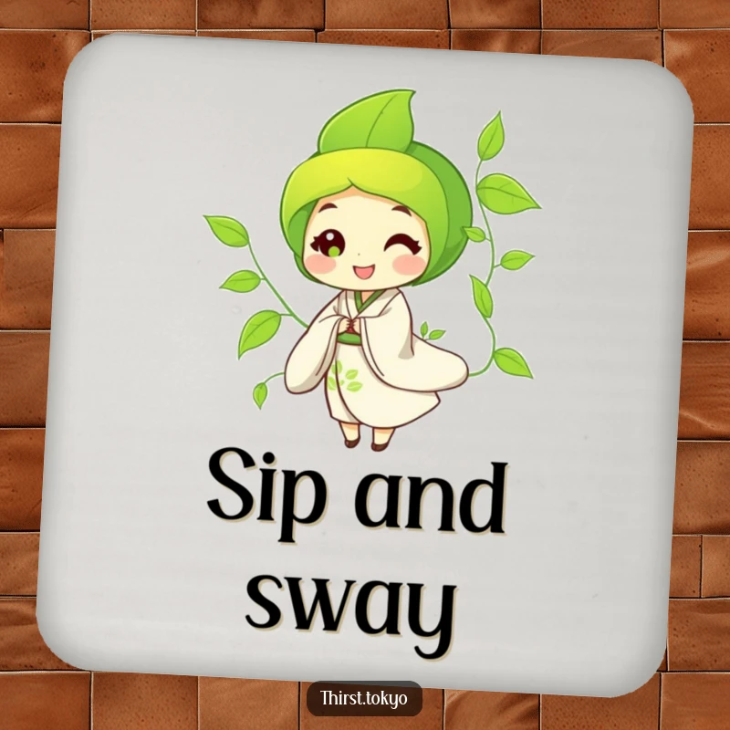 Funny Coasters featuring a green tea leaf character in a flowing kimono, swaying gently, protecting surfaces with style.