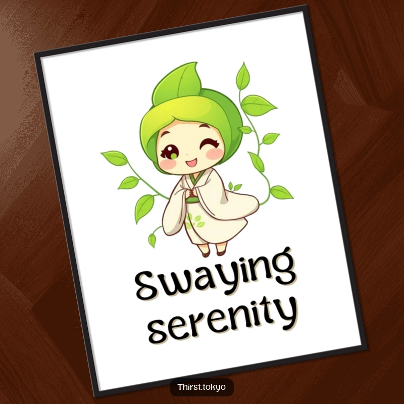 Funny Poster showing a happy green tea leaf character in a gracefully flowing kimono, swaying peacefully, adding zen vibes.