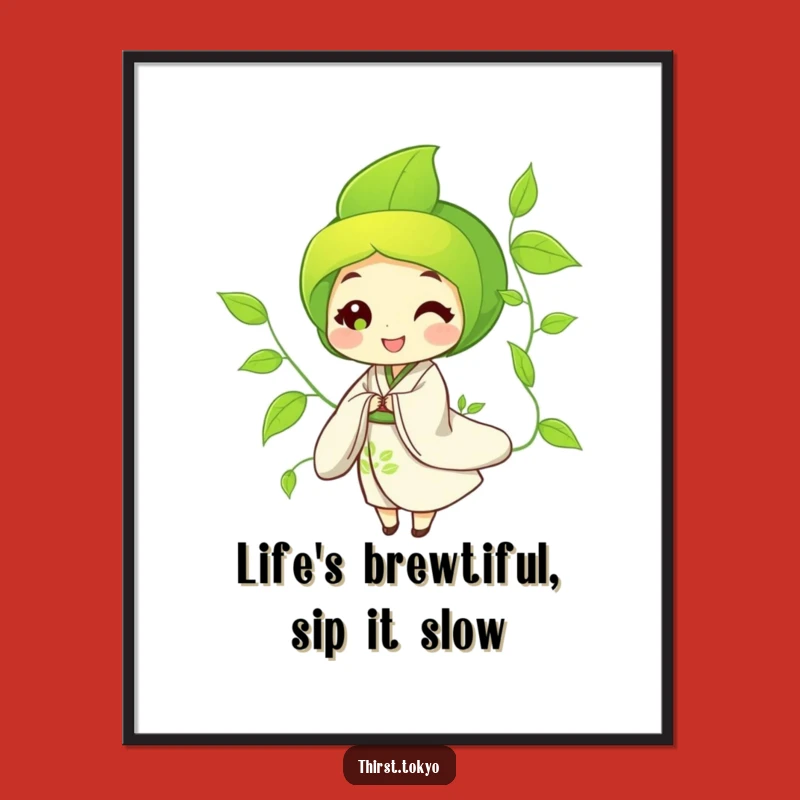 Free Printable Wall Art: Serene Green Tea Leaf in Kimono for Zen-Inspired Peaceful Decor