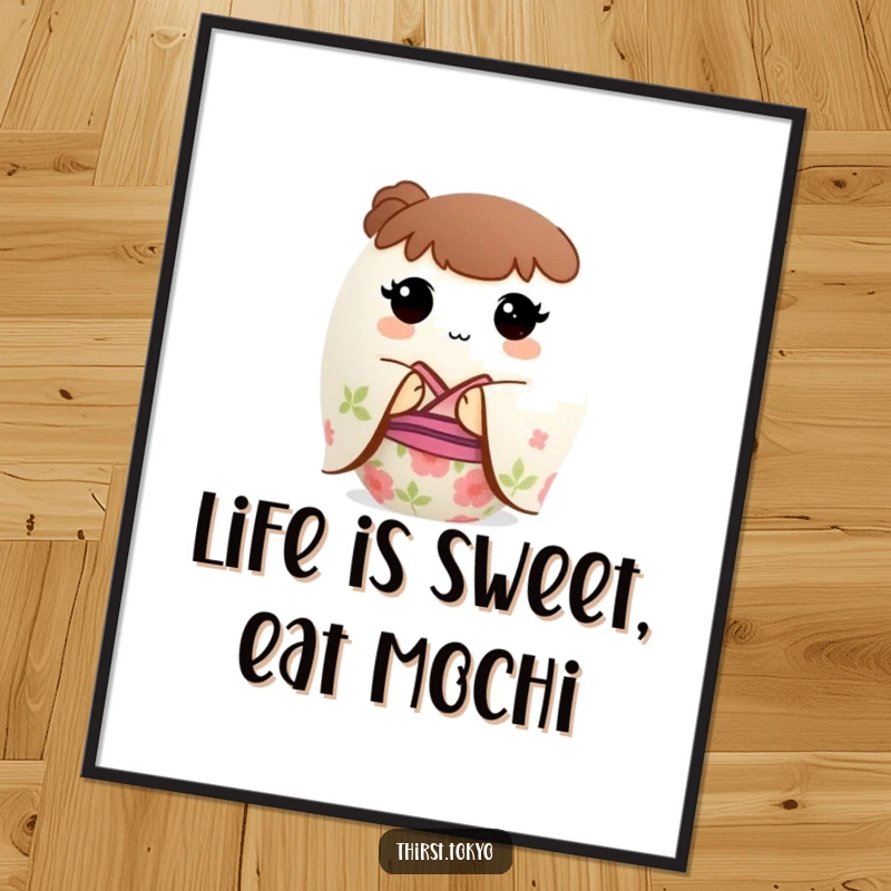 Funny Free Printable Wall Art of a small, round mochi ball adorned in a beautiful, intricate floral kimono.