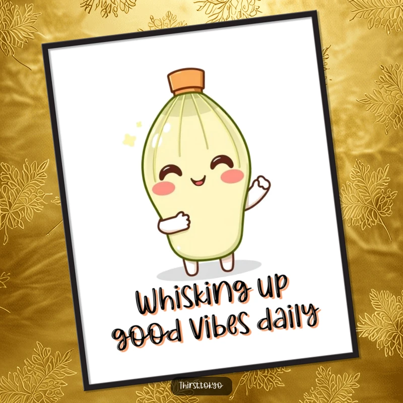 Funny Free Printable Wall Art of a smiling matcha whisk character in tiny sleeves, performing a gentle, meditative stir.