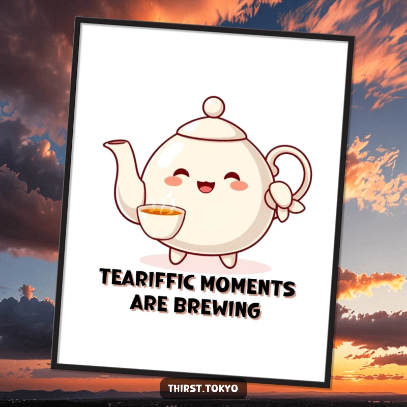 Funny Free Printable Wall Art of a cheerful teapot character with a tiny sleeve, pouring imaginary tea in a welcoming gesture.