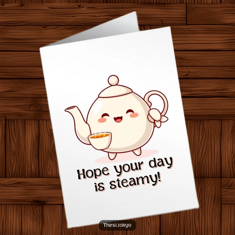Funny Free Printable Birthday Card of a cheerful teapot character in an elegant sleeve, pouring imaginary tea with a smile.