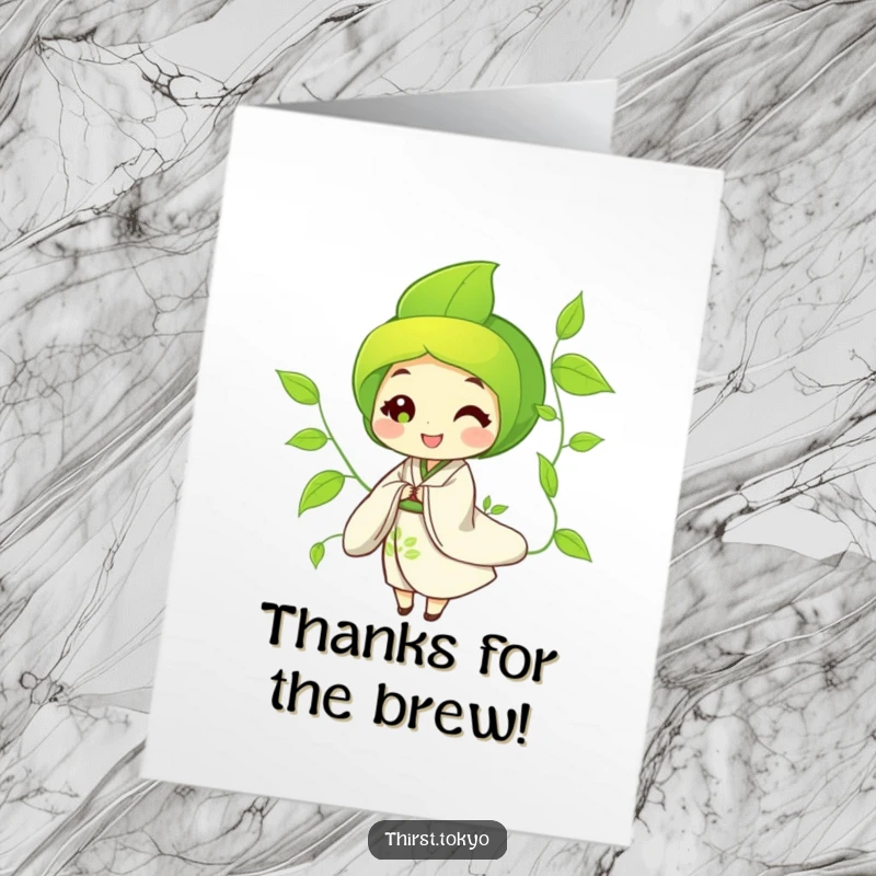 Funny Free Printable Thank You Card: Elegant green tea leaf in a kimono bowing gratefully, a charming and downloadable expression of thanks.