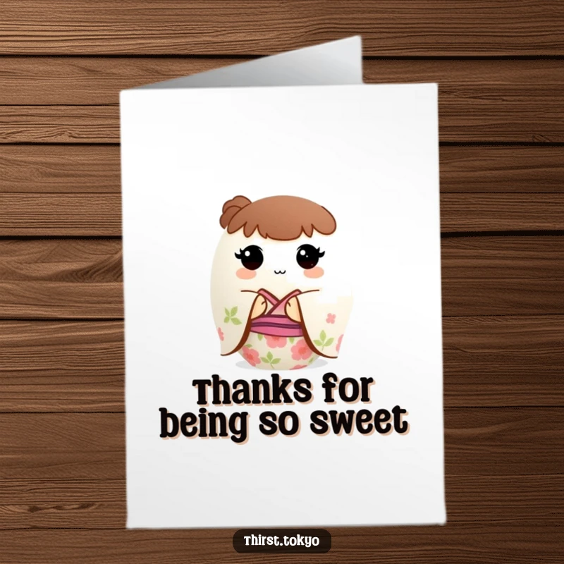 Funny Free Printable Thank You Card of a small, round mochi ball wearing a pretty floral kimono with a thankful expression.