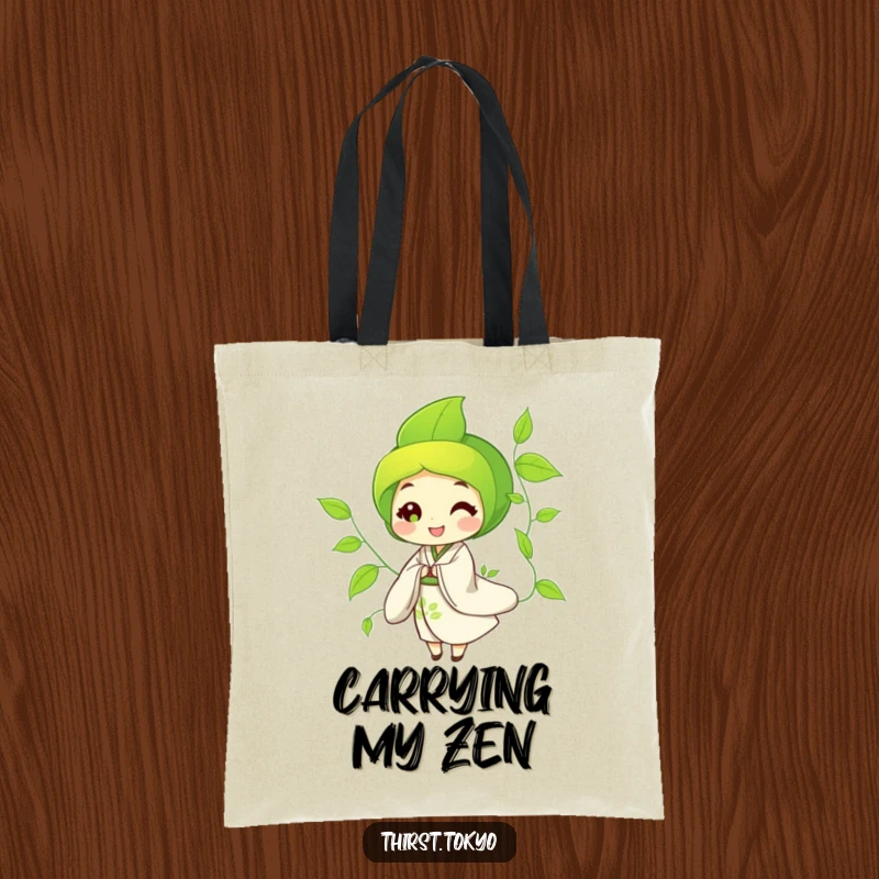 Funny Tote Bag featuring a serene green tea leaf character in a flowing kimono, swaying gently, ready for errands.
